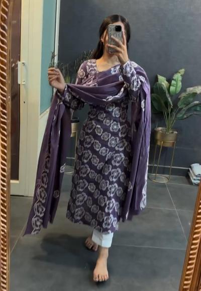 Purple Traditional Blockprint Cotton Salwar Suit Set