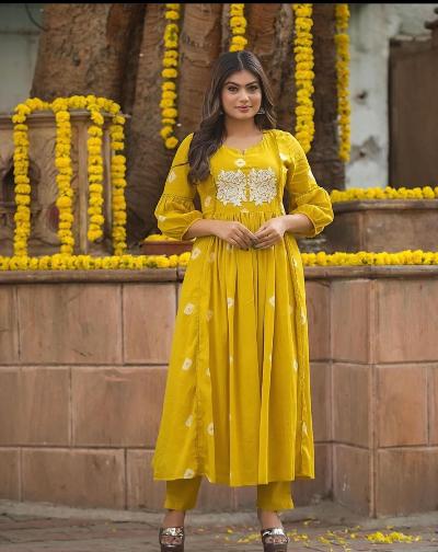 Mustard Yellow Bandhej Embroidered Kurti Pant Set Of 2