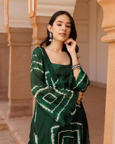 Bottle Green Tie Dye Print Kurti Pant Set Of 2