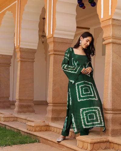 Bottle Green Tie Dye Print Kurti Pant Set Of 2