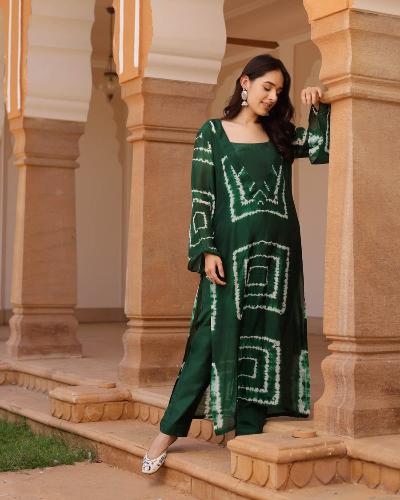 Bottle Green Tie Dye Print Kurti Pant Set Of 2