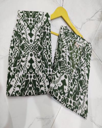 Green White Printed Cotton Kurti Pant Set Of 2