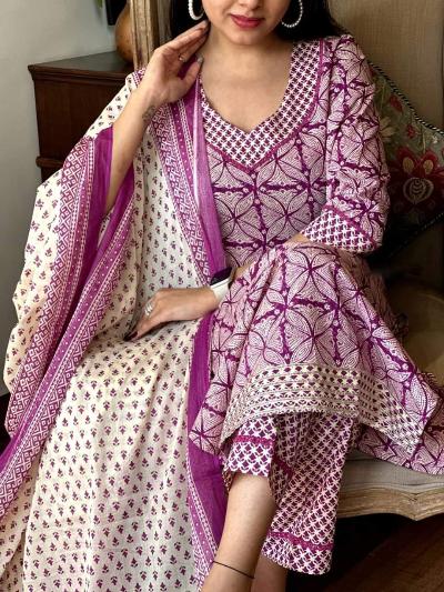 Soothing Purple Printed Cotton Salwar Suit Set