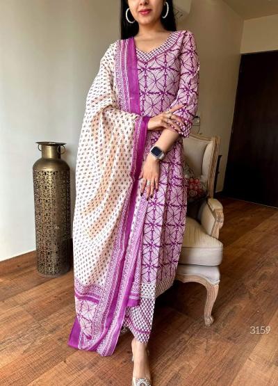 Soothing Purple Printed Cotton Salwar Suit Set