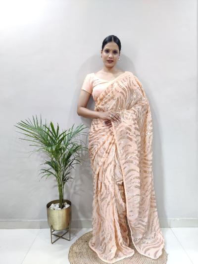 1 Min Peach Sequins Embellished Stitched Readymade Saree