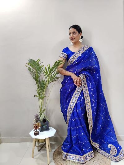 1 Min Blue Khadi Organza Silk Stitched Readymade Saree