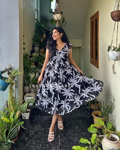 Black Summer Print Middi Gown Dress 1Pc