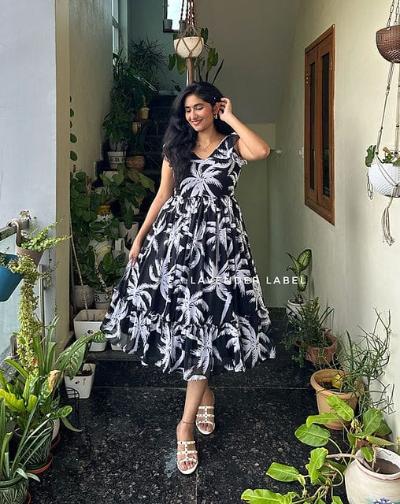 Black Summer Print Middi Gown Dress 1Pc