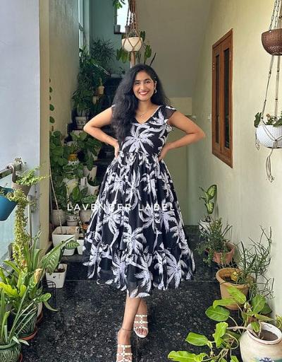 Black Summer Print Middi Gown Dress 1Pc