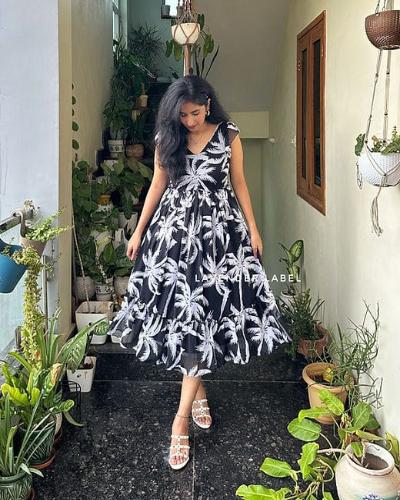 Black Summer Print Middi Gown Dress 1Pc