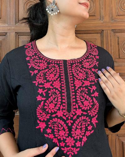 Black Classy Khadi Embroidred Kurti Pant Set Of 2