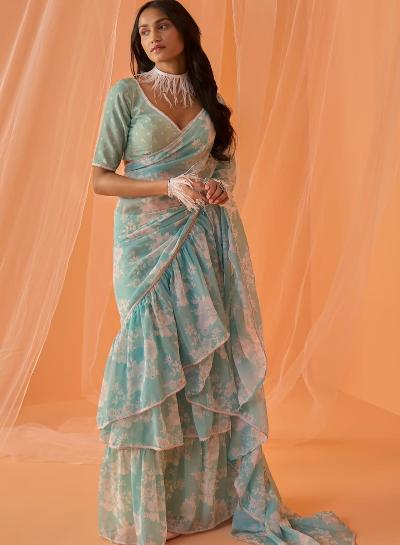 1 Min Blue Ruffle Stitched Readymade Lehenga Saree And Blouse