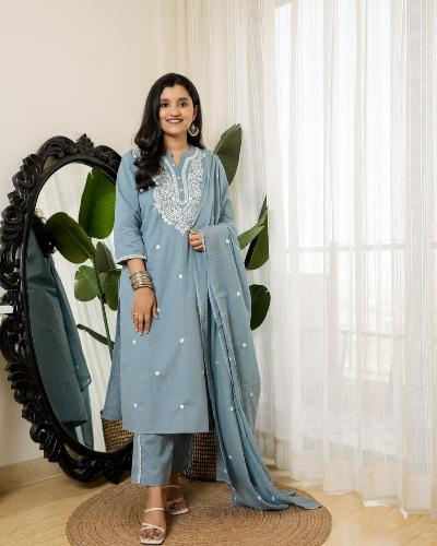 Soft Muted Blue Cotton Straight Salwar Suit Set