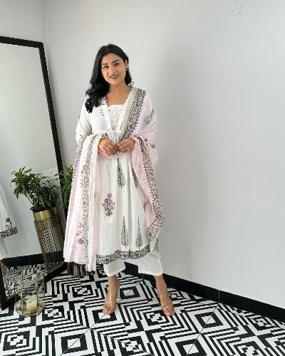 White Flower Print Cotton Anarkali Suit Set