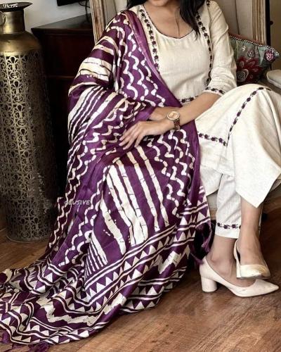 Off White Salwar Suit With Purple Khadi Silk Ikkat Dupatta