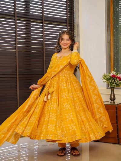 Yellow Cotton Flair Traditional Wear Anarkali Suit Set