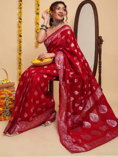 1 Min Red Cotton Silk Stitched Readymade Saree