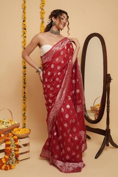 1 Min Red Cotton Silk Stitched Readymade Saree