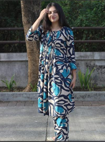 Blue Sanganeri Procine Print Kurti Pant Set Of 2