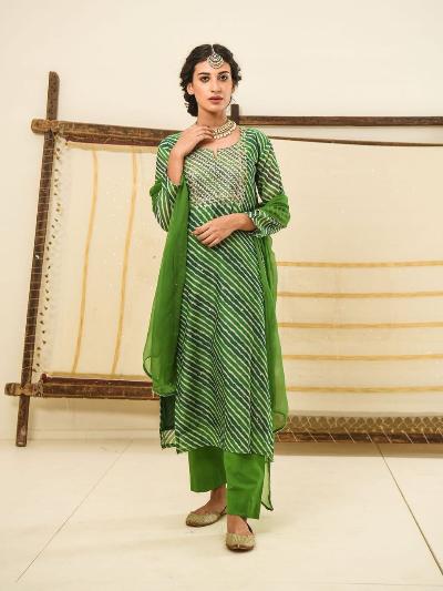 Green Leheriya Print Salwar Suit Set