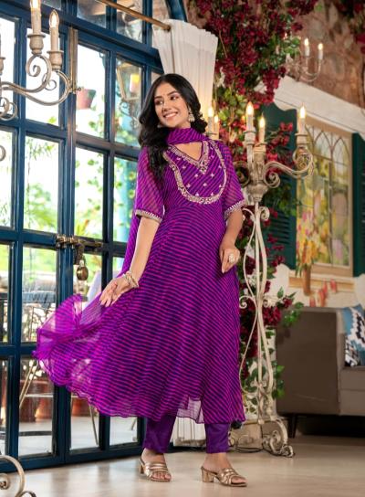 Purple Georgette Leheriya Anarkali Suit Set