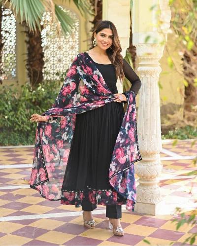 Black Georgette Anarkali Gown With Printed Dupatta Set Of 2