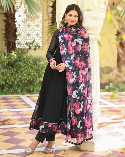 Black Georgette Anarkali Gown With Printed Dupatta Set Of 2