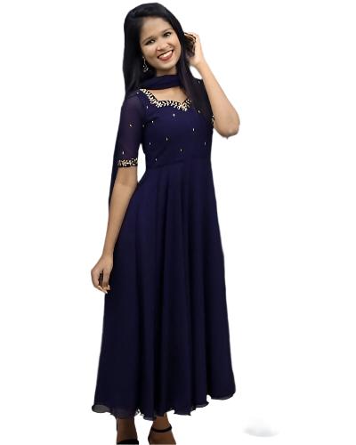 Navy Blue Georgette Embroidery Anarkali Gown Dupatta Set Of 2