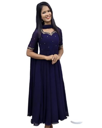 Navy Blue Georgette Embroidery Anarkali Gown Dupatta Set Of 2