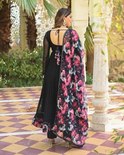 Black Georgette Anarkali Gown With Printed Dupatta Set Of 2