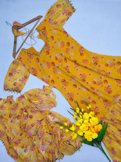 1 Min Yellow Floral Georgette Readymade Gown Saree