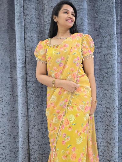 1 Min Yellow Floral Georgette Readymade Gown Saree