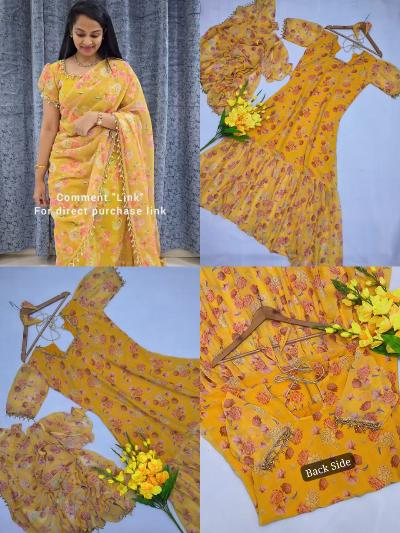 1 Min Yellow Floral Georgette Readymade Gown Saree