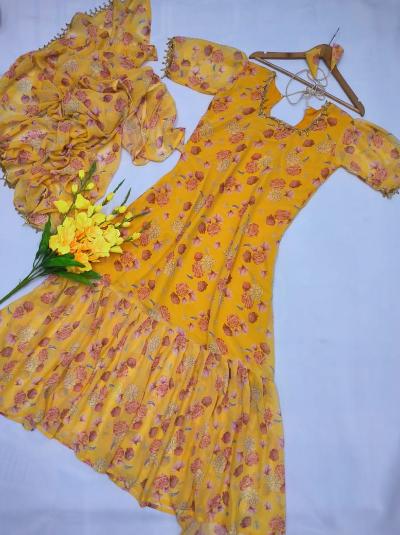 1 Min Yellow Floral Georgette Readymade Gown Saree