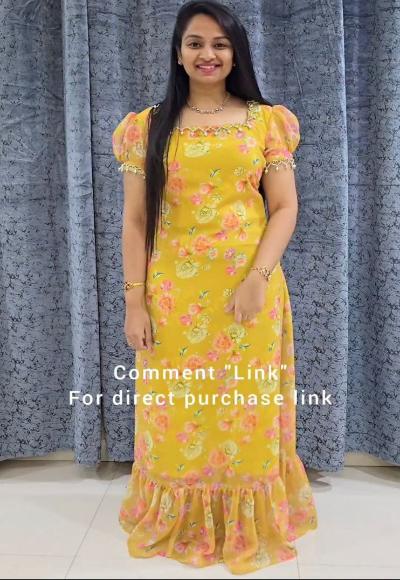 1 Min Yellow Floral Georgette Readymade Gown Saree