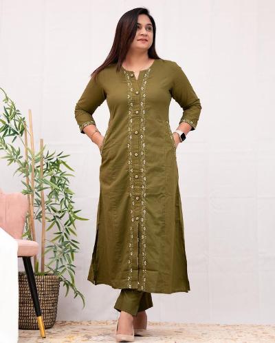 Dark Olive Green Cotton Kurti Pant Set Of 2