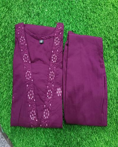 Plum Embroidered Cotton Kurti Pant Set of 2