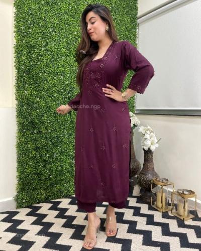 Plum Embroidered Cotton Kurti Pant Set of 2