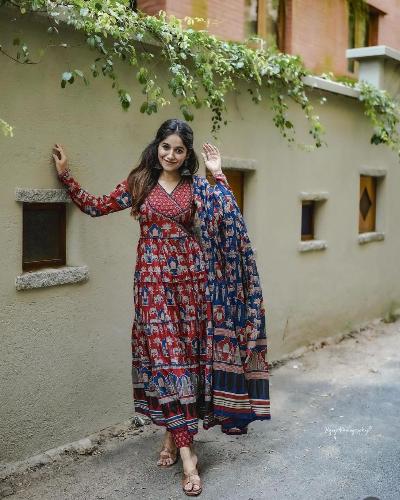 Maroon & Blue Kalamkari Anarkali Suit Set