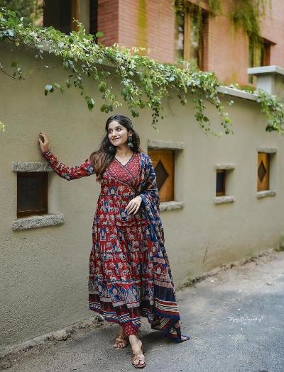 Maroon & Blue Kalamkari Anarkali Suit Set