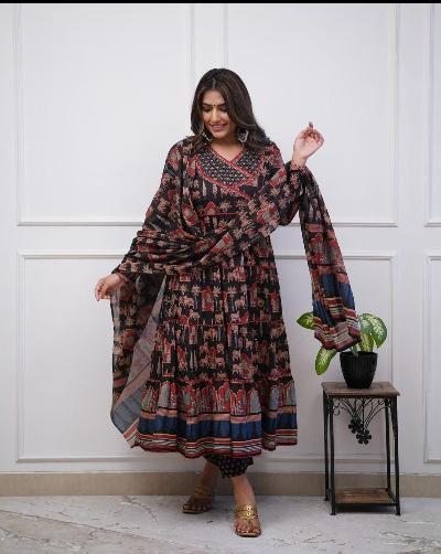 Black Maroon Angharakha Kalamkari Anarkali Suit Set