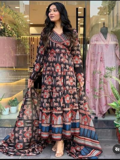 Black Maroon Angharakha Kalamkari Anarkali Suit Set