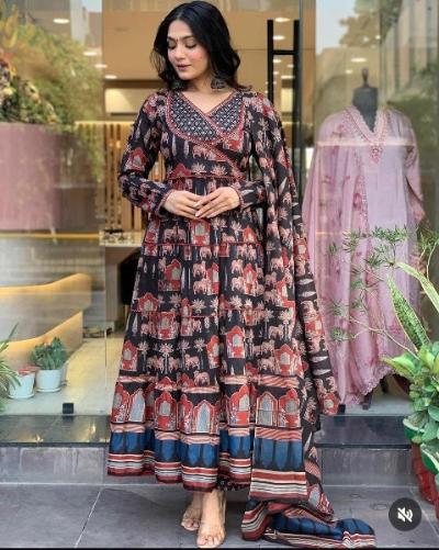 Black Maroon Angharakha Kalamkari Anarkali Suit Set