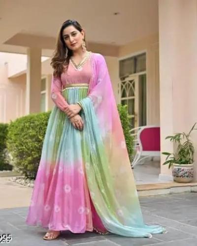 Multicolour Pastel Georgette Anarkali Dupatta Set Of 2