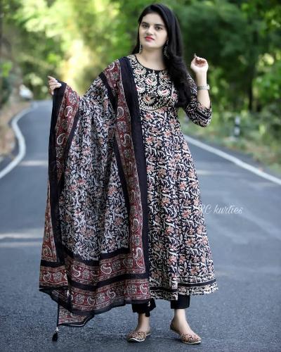 Black Jaipuri Printed Cotton Anarkali Suit Set