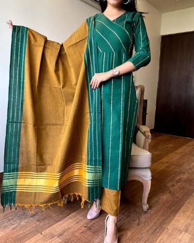 Dark Green Mustard Handloom Cotton Salwar Suit Set