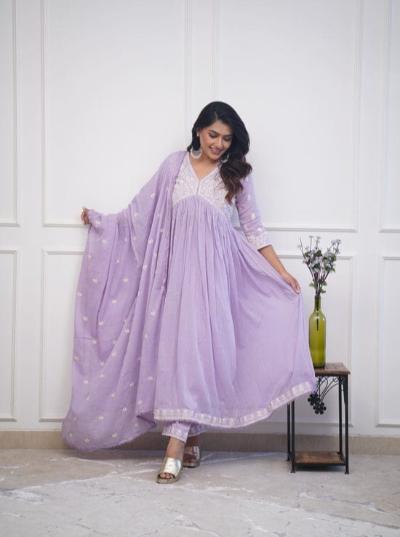 Lilac Muslin Intricate Embroidered Anarkali Suit Set