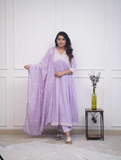 Lilac Muslin Intricate Embroidered Anarkali Suit Set