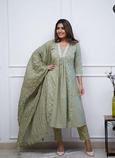 Earthy Muted Olive Green Anarkali Suit Set