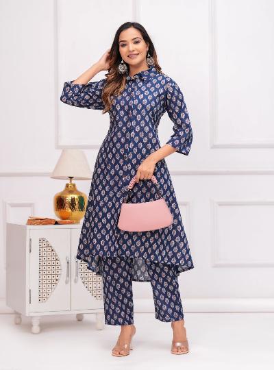 Stylish Dark Blue Cotton Kurti Pant Set of 2